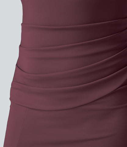 Square Neck Backless Corset Ruched Split Bodycon Midi Cool Touch Bridesmaid and Wedding Guest Dress