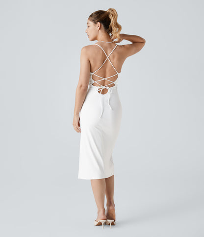 Crossover Ruched Lace Up Bodycon Cool Touch Dress-UPF50+