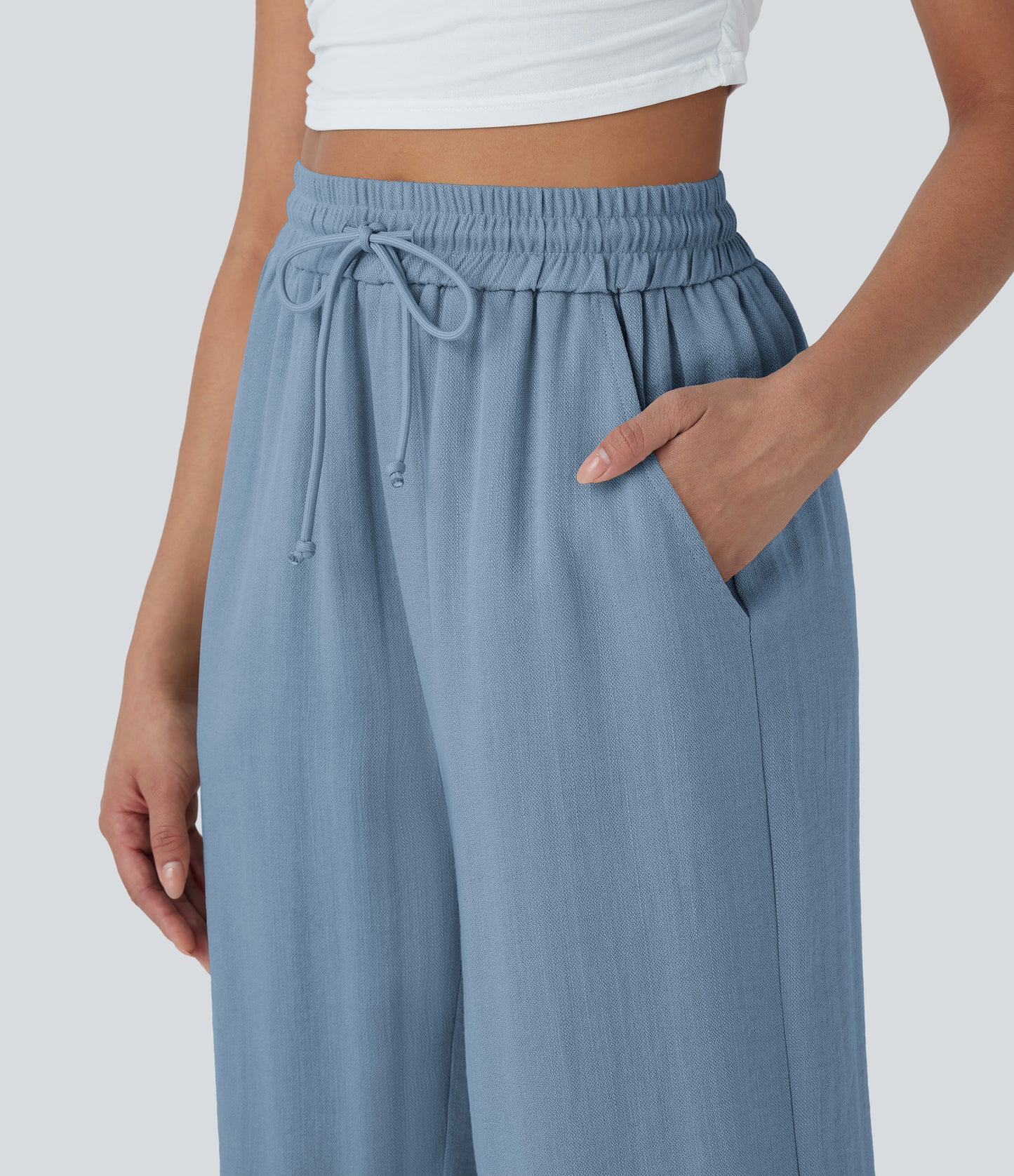 High Waisted Drawstring Wide Leg Cropped Casual Linen-Feel Pants with Pockets