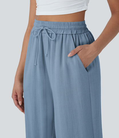 High Waisted Drawstring Wide Leg Cropped Casual Linen-Feel Pants with Pockets