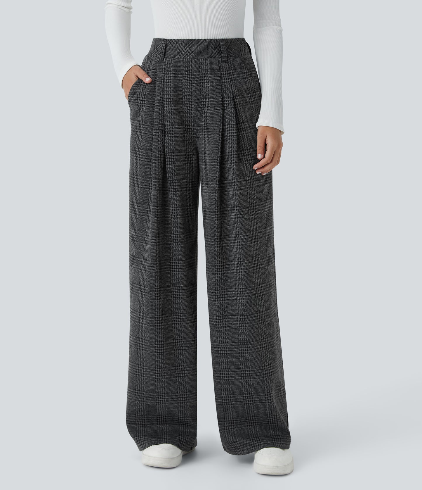 High Waisted Pocket Wide Leg Houndstooth Plaid Casual Pants