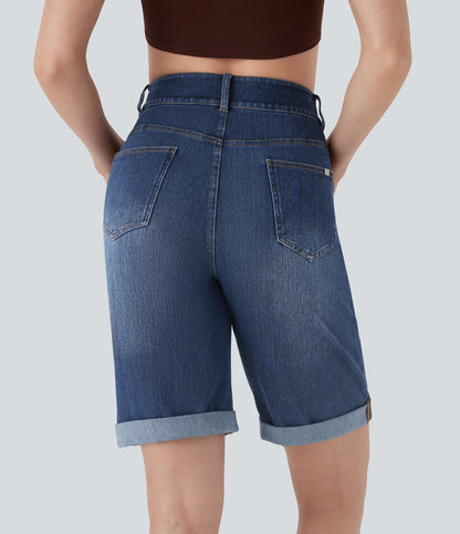 Lässige Bermuda-Shorts aus gewaschenem Denim mit hoch taillierten Taschen und gerolltem Saum