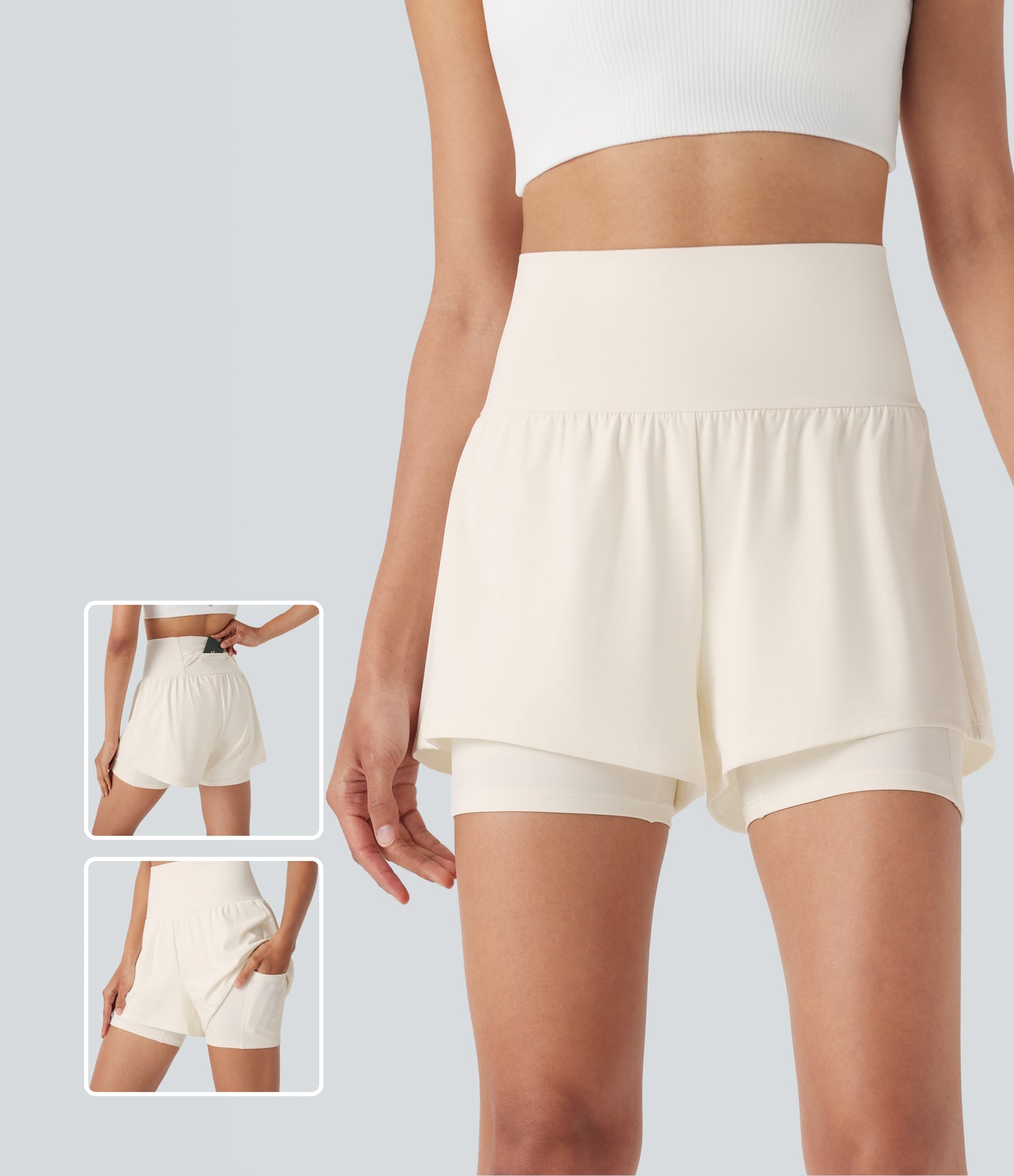 Luftige 2-i-1 yogashorts med superhøy midje og kul berøring, 13 cm og lommer