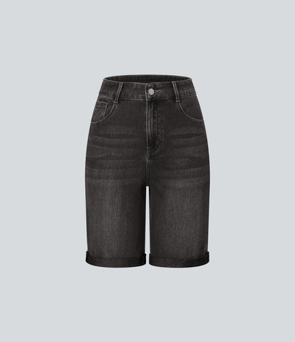 Lässige Bermuda-Shorts aus gewaschenem Denim mit hoch taillierten Taschen und gerolltem Saum