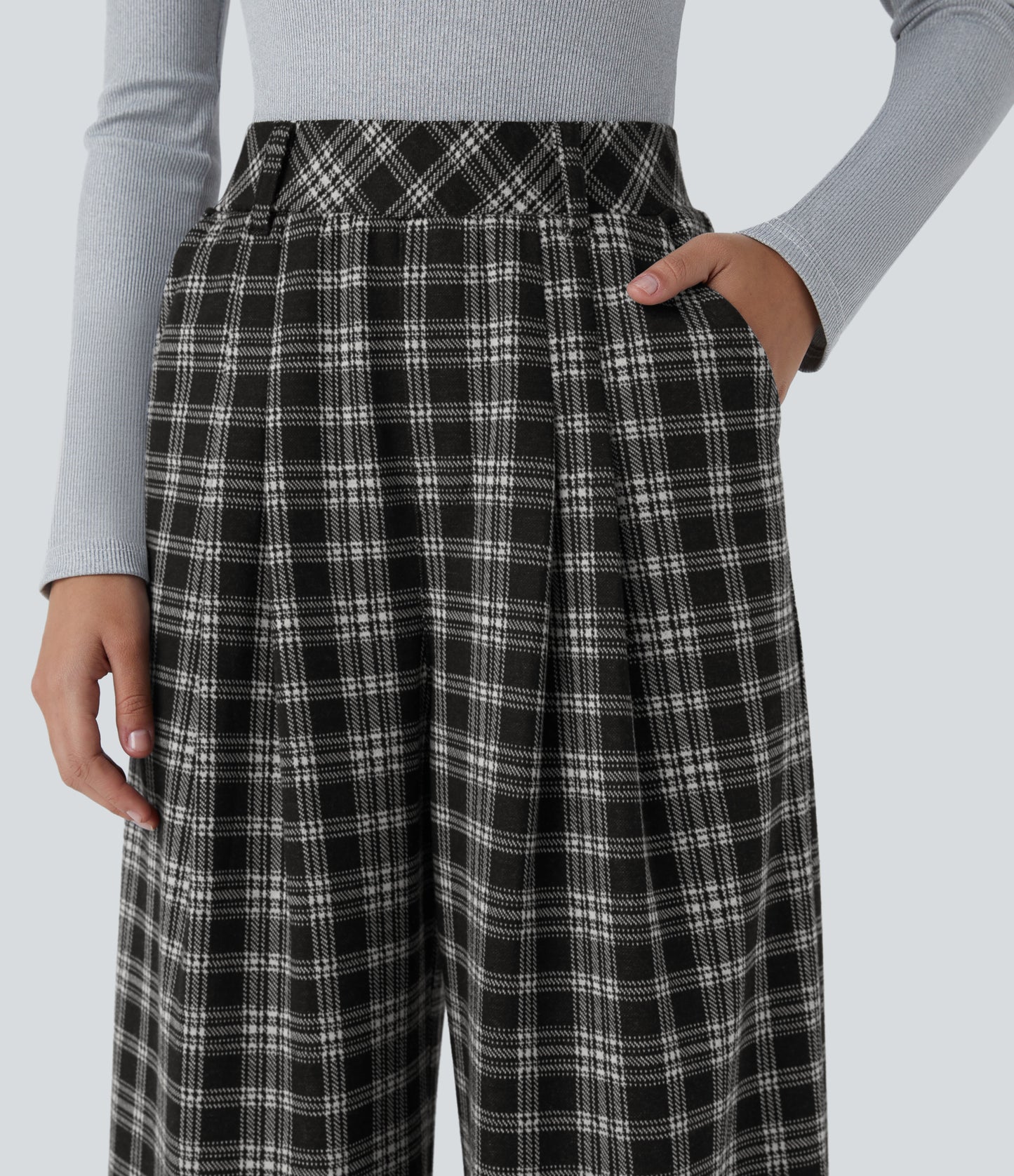 High Waisted Pocket Wide Leg Houndstooth Plaid Casual Pants