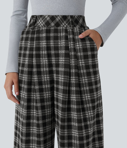 High Waisted Pocket Wide Leg Houndstooth Plaid Casual Pants