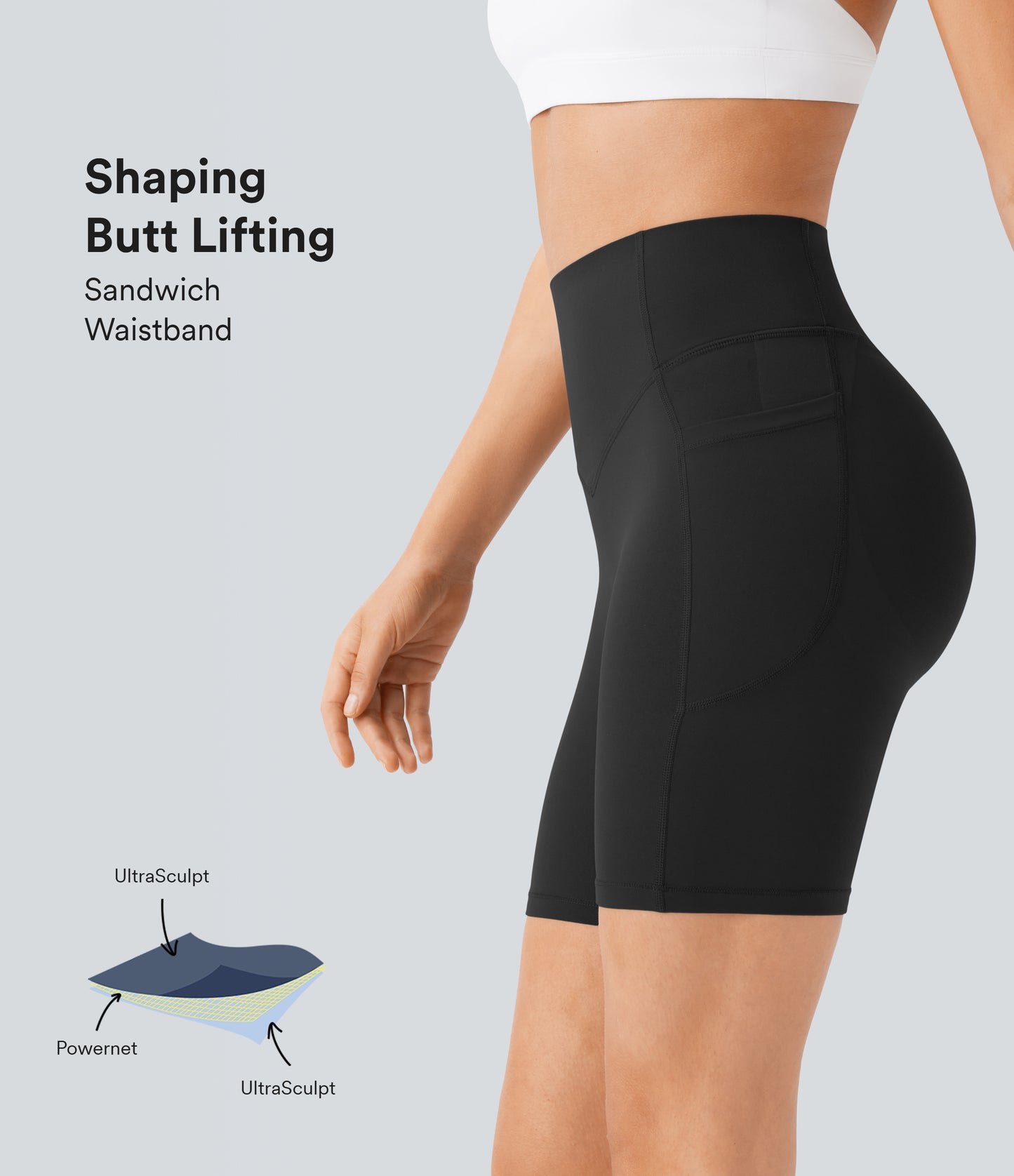 Høy midje, skrumpet rumpeløftende, magekontroll, formende treningsbiker-shorts med sidelommer, 18 cm