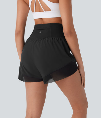 Schnelltrocknende Yoga-Shorts mit hoher Taille, überkreuztem Saum und Tasche
