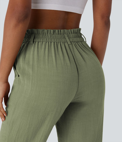 High Waisted Zipper Pocket Capri Linen-Feel Pants