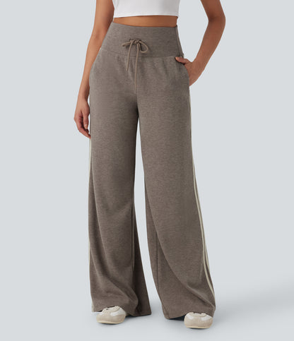 High Waisted Tummy Control Drawstring Wide Leg Color Block Casual Pants with Pockets
