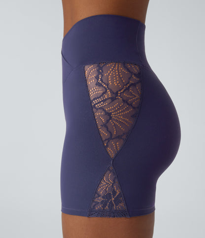 High Waisted Crossover Contrast Lace Built-in Underwear Yoga Biker Shorts 5'' with Pocket-UPF50+