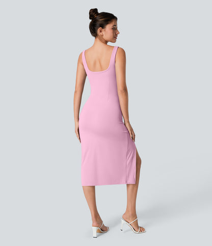 Square Neck Backless Corset Ruched Split Bodycon Midi Cool Touch Bridesmaid and Wedding Guest Dress