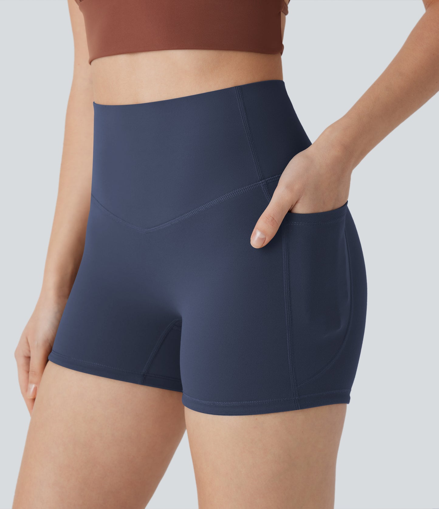 Hoch taillierte, bauchkontrollierende, formende Trainings-Bikershorts mit Tasche, 3 Zoll