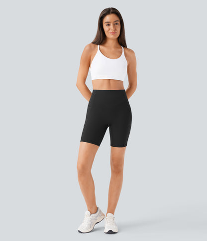 Høy midje, skrumpet rumpeløftende, magekontroll, formende treningsbiker-shorts med sidelommer, 18 cm
