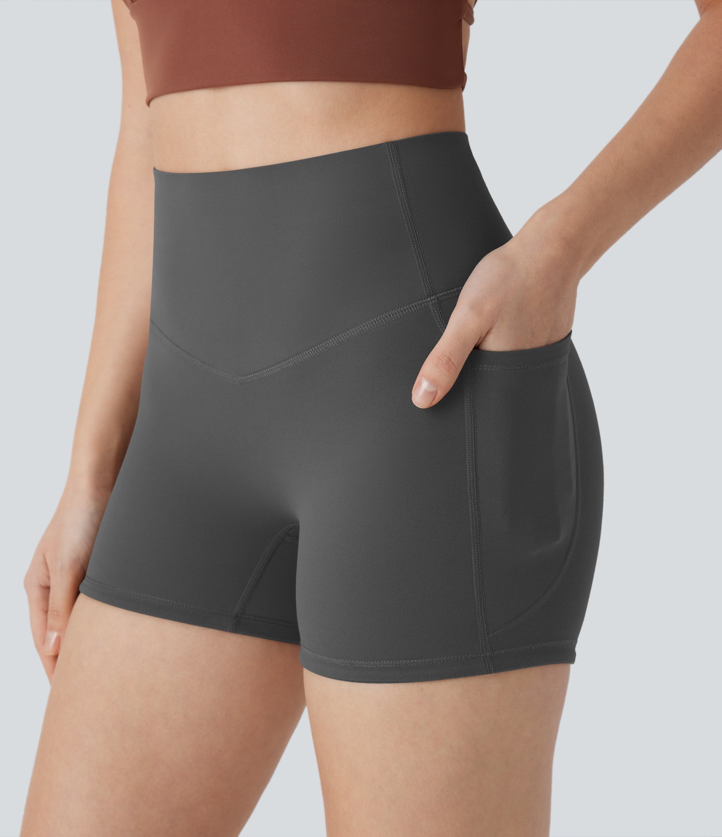 Hoch taillierte, bauchkontrollierende, formende Trainings-Bikershorts mit Tasche, 3 Zoll