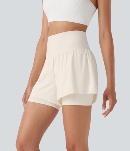 Luftige 2-i-1 yogashorts med superhøy midje og kul berøring, 13 cm og lommer