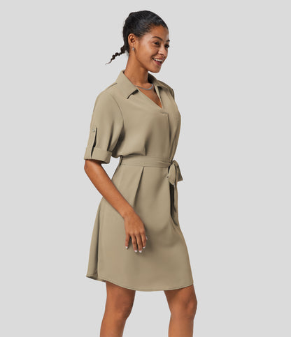 Roll Up Sleeve Belted Relaxed Work Shirt Dress