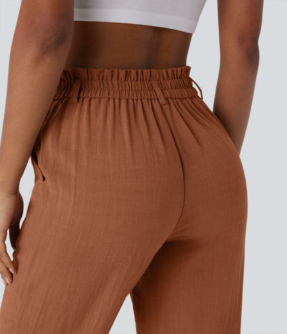 High Waisted Zipper Pocket Capri Linen-Feel Pants
