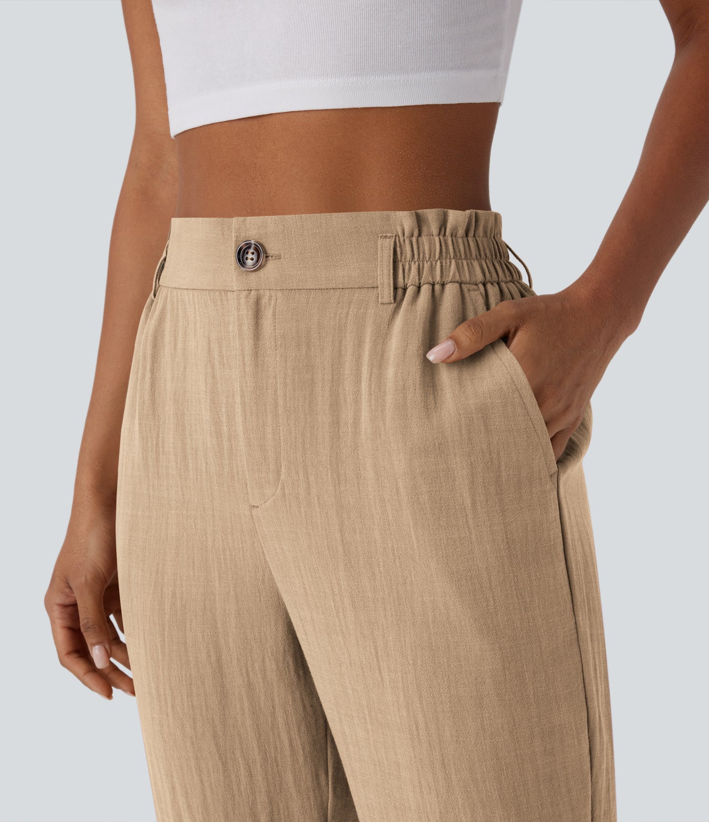 High Waisted Zipper Pocket Capri Linen-Feel Pants