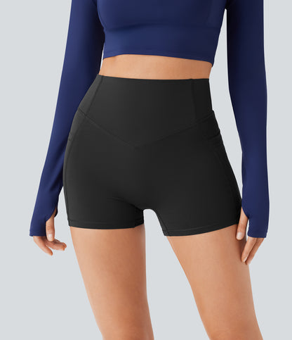 Høy midje, skrumpet rumpeløftende, magekontroll, lommeformende treningsbiker-shorts 7,5 cm