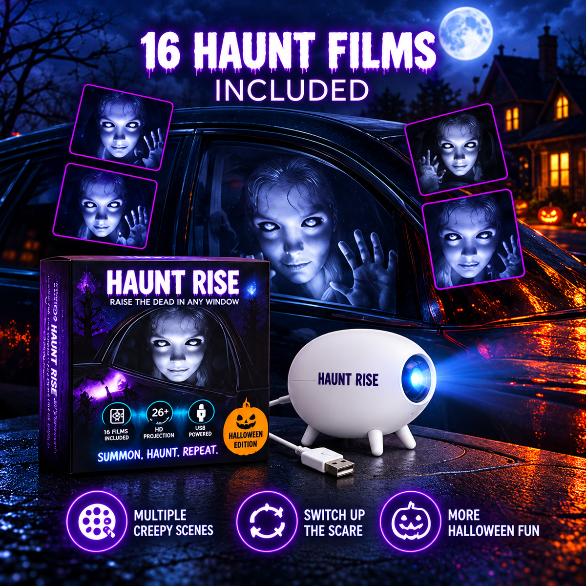 🏅100K+ Sold 🎃 Halloween Window Projector 👻 16 Spooky Films USB Powered Holiday Decor