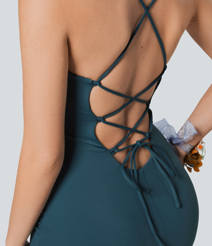 Crossover Ruched Lace Up Bodycon Cool Touch Dress-UPF50+