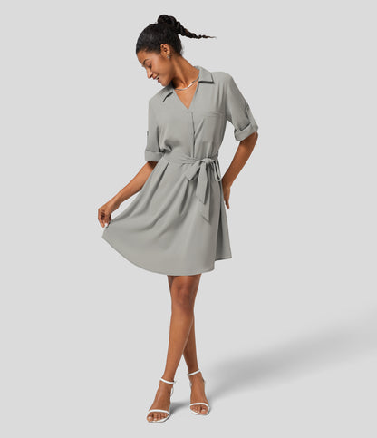 Roll Up Sleeve Belted Relaxed Work Shirt Dress