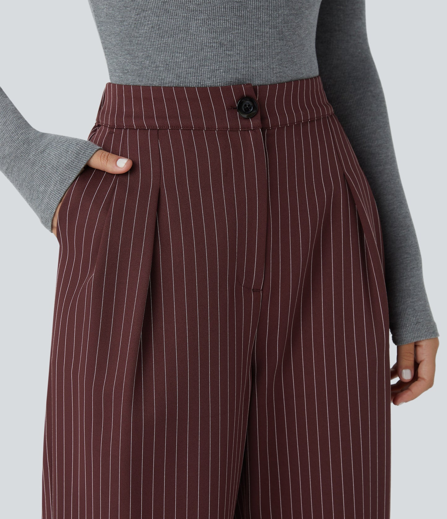 High Waisted Zipper Pocket Wide Leg Striped Work Pants
