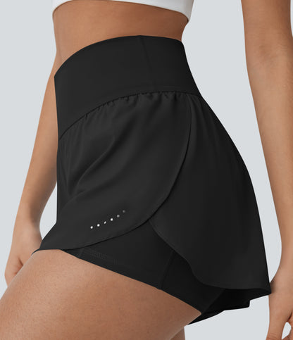 QuickDry Laufshorts mit hoher Taille, reflektierenden Punkten, überkreuztem Saum und 2-in-1-Taschen