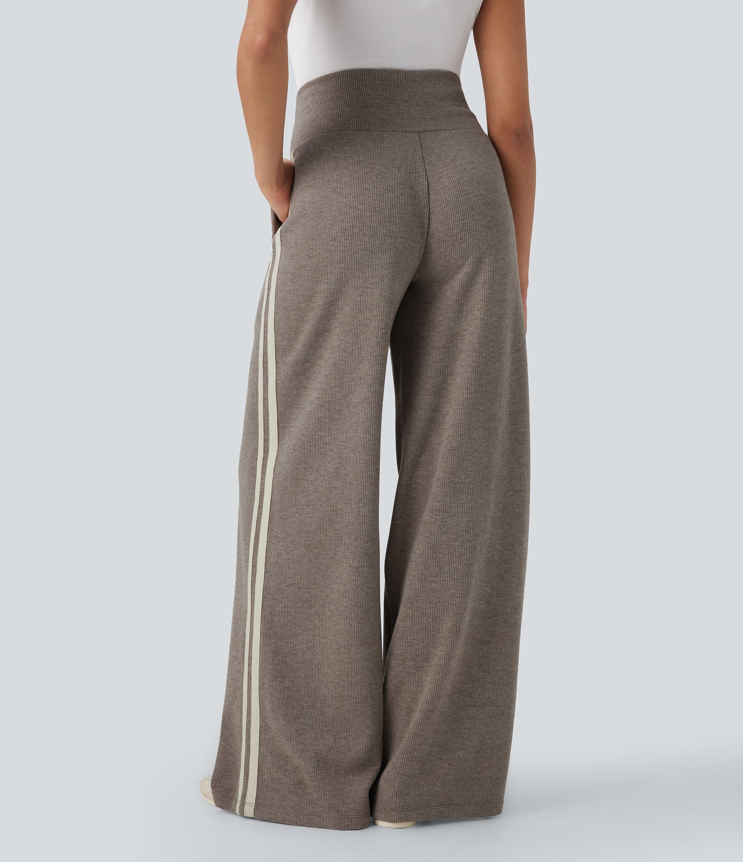 High Waisted Tummy Control Drawstring Wide Leg Color Block Casual Pants with Pockets