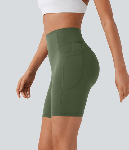 Høy midje, skrumpet rumpeløftende, magekontroll, formende treningsbiker-shorts med sidelommer, 18 cm