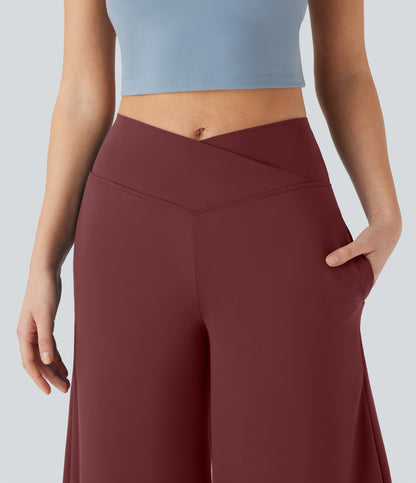 High Waisted Wide Leg Cool Touch Yoga Pedal Pusher Pants with Pockets
