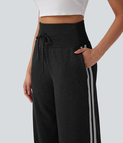High Waisted Tummy Control Drawstring Wide Leg Color Block Casual Pants with Pockets