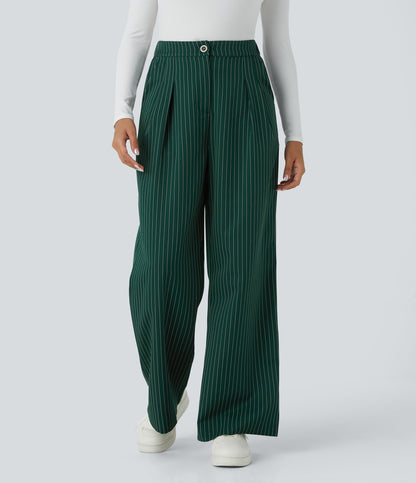 High Waisted Zipper Pocket Wide Leg Striped Work Pants