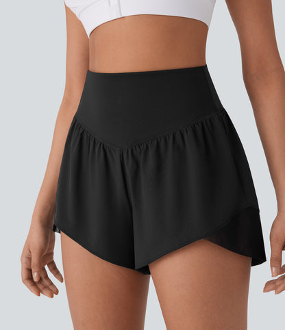 Schnelltrocknende Yoga-Shorts mit hoher Taille, überkreuztem Saum und Tasche