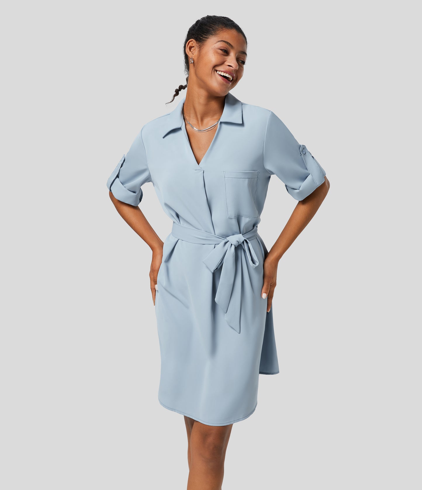 Roll Up Sleeve Belted Relaxed Work Shirt Dress