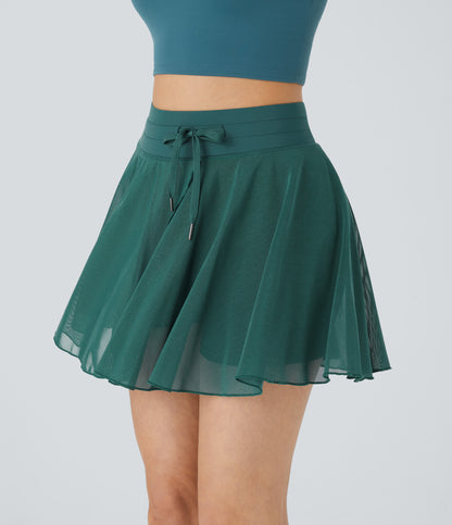 High Waisted Drawstring Contrast Mesh 2-in-1 Pocket Flowy Mini Flare Casual Skirt