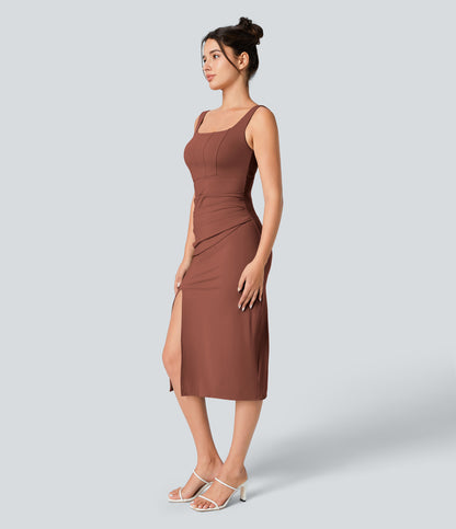 Square Neck Backless Corset Ruched Split Bodycon Midi Cool Touch Bridesmaid and Wedding Guest Dress