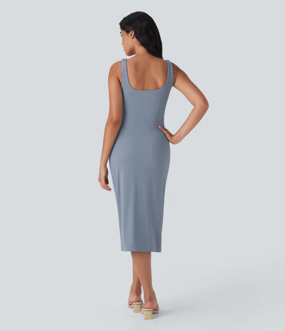Square Neck Corset Ruched Bodycon Midi Cool Touch Dress-D/DD/DDD/F Cups