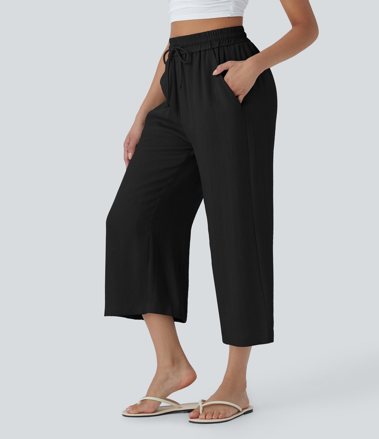 High Waisted Drawstring Wide Leg Cropped Casual Linen-Feel Pants with Pockets