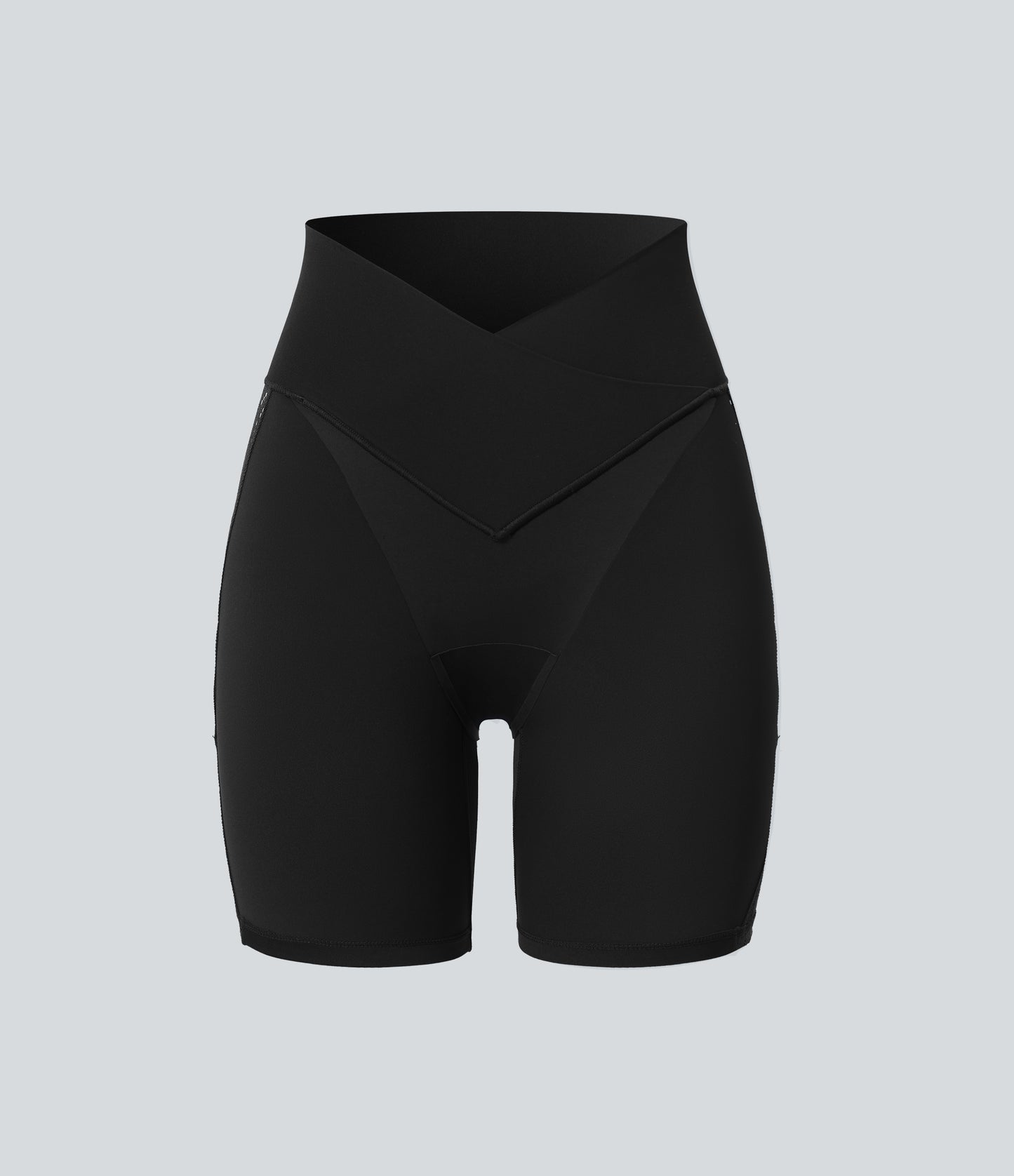 High Waisted Crossover Contrast Lace Built-in Underwear Yoga Biker Shorts 5'' with Pocket-UPF50+
