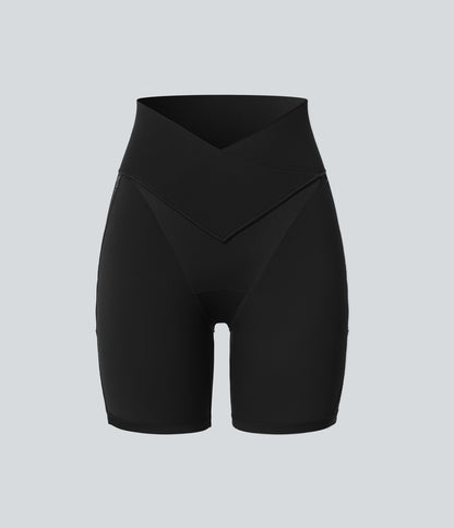 High Waisted Crossover Contrast Lace Built-in Underwear Yoga Biker Shorts 5'' with Pocket-UPF50+