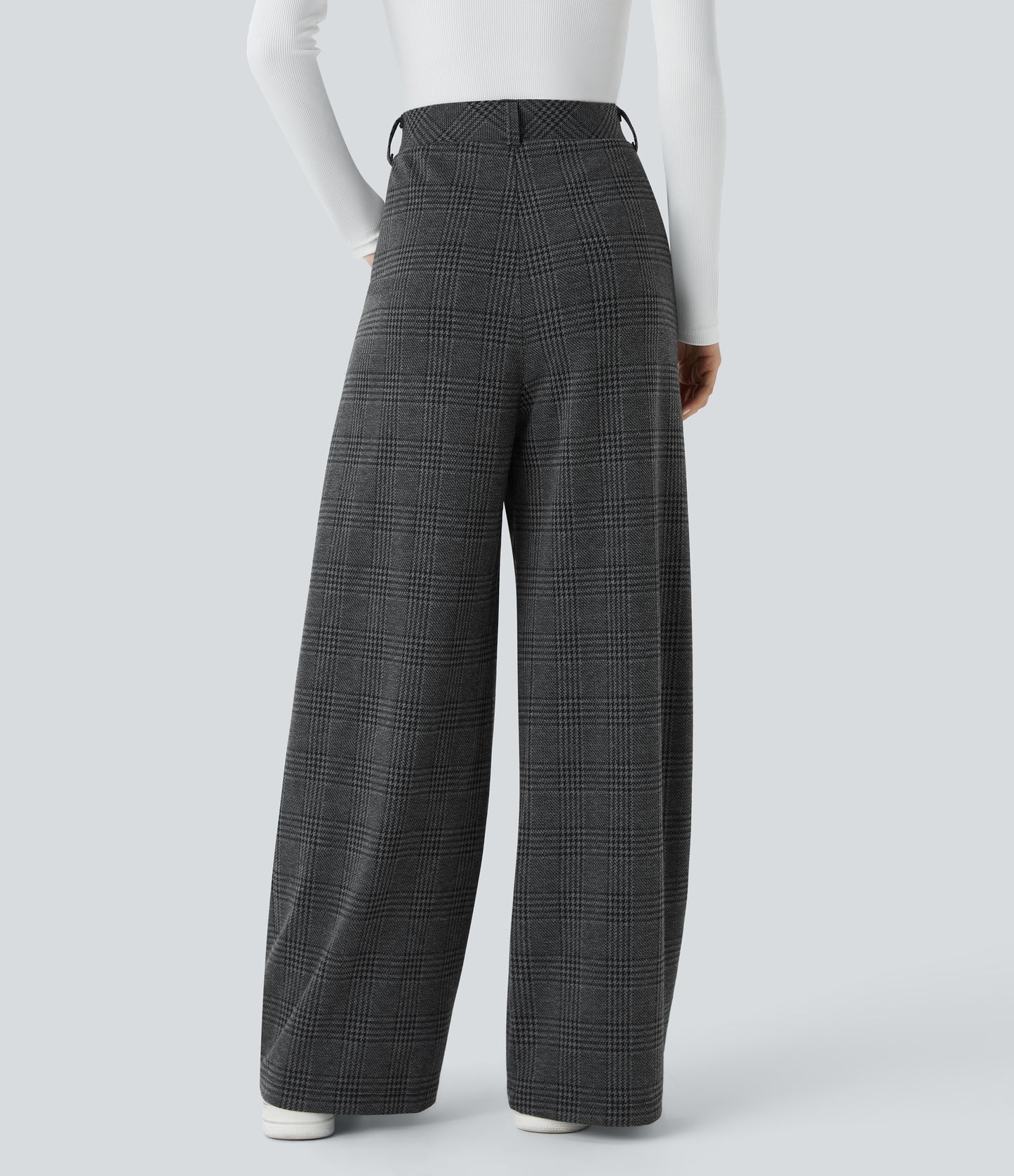 High Waisted Pocket Wide Leg Houndstooth Plaid Casual Pants