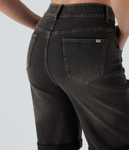 Lässige Bermuda-Shorts aus gewaschenem Denim mit hoch taillierten Taschen und gerolltem Saum