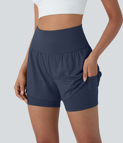 Luftige 2-i-1 yogashorts med superhøy midje og kul berøring, 13 cm og lommer