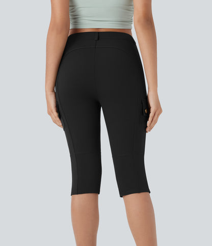 High Waisted Zipper Pockets Solid Skinny Pedal Pusher Casual Cargo Pants
