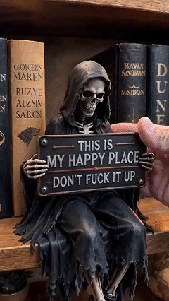 💀“This Is My Happy Place” Gothic Skeleton Bookshelf Decor with Skull Candle Holder🔥