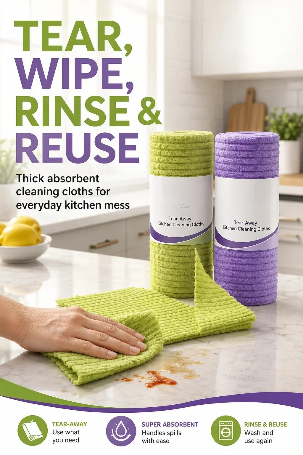 Multipurpose Reusable Tear-Off Cleaning Cloth Roll