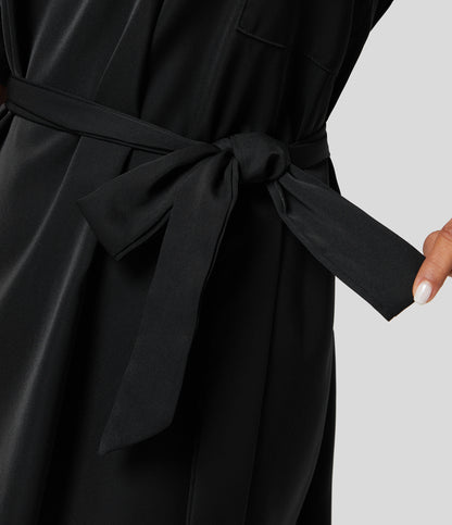 Roll Up Sleeve Belted Relaxed Work Shirt Dress