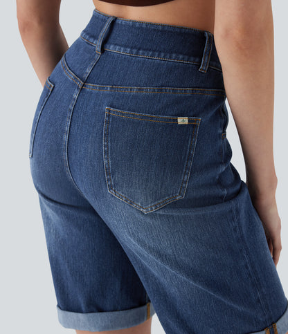 Lässige Bermuda-Shorts aus gewaschenem Denim mit hoch taillierten Taschen und gerolltem Saum